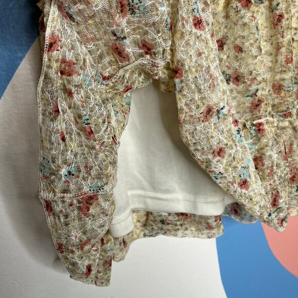 Floral Lace Ruffle Mini Skirt Tiered Pull On Boho Beige XL Romantic Coquette - Picture 2 of 4